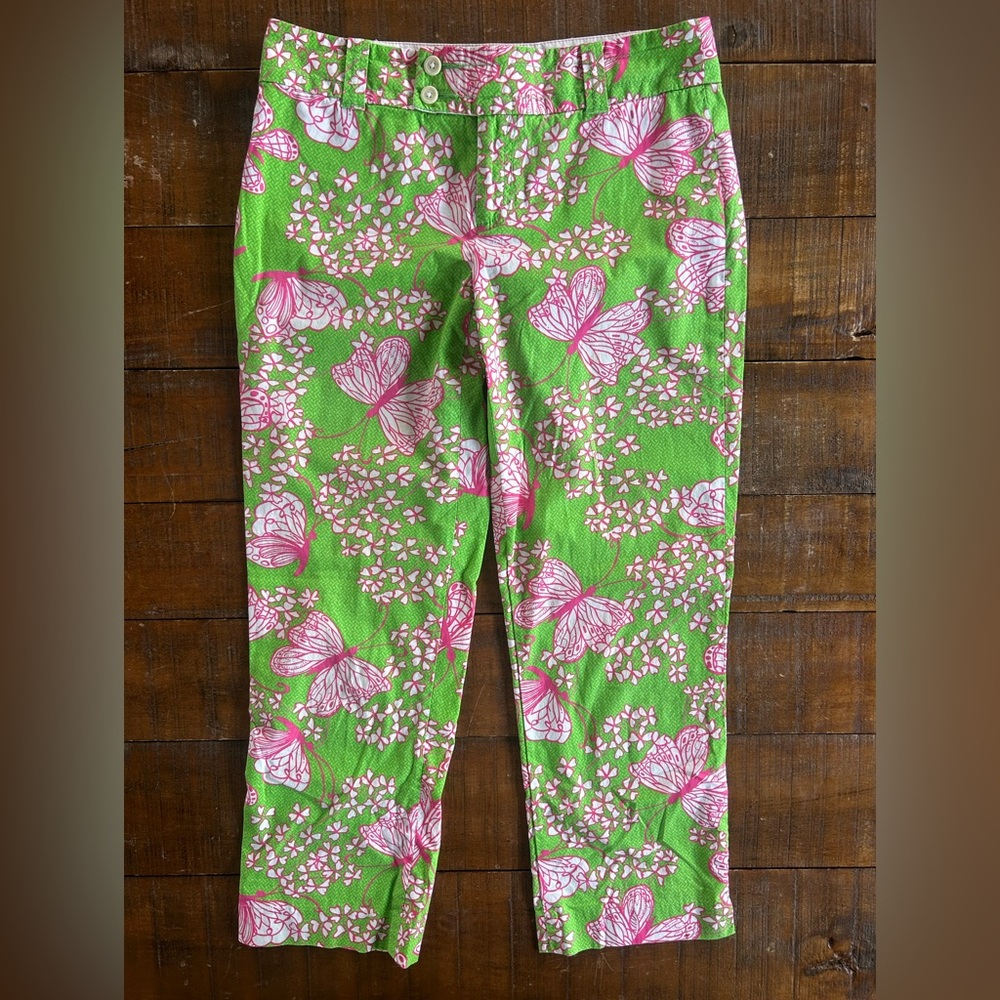 Lilly Pulitzer Green Pink Butterfly Cropped Pant Size 2‎ XS
